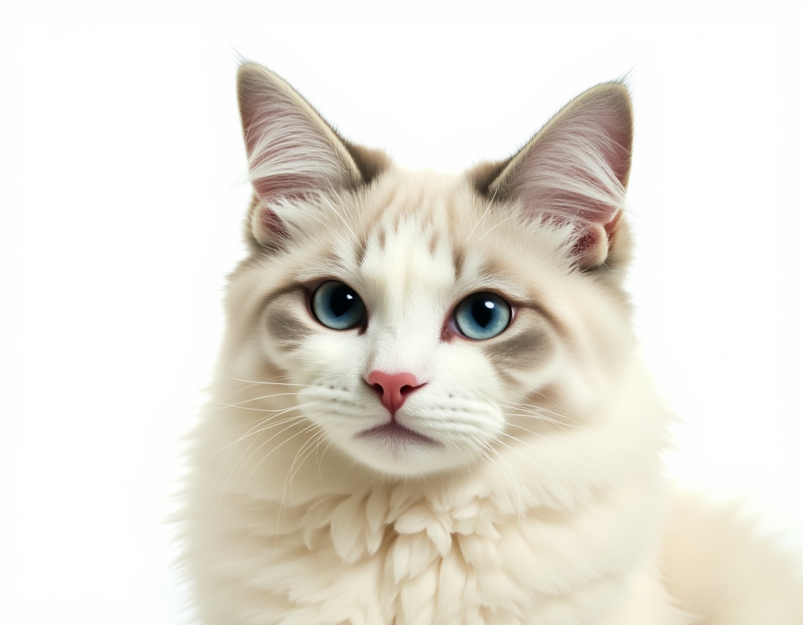 Close-up portrait of cat on a white background, with its alert expression and intricate details of its fur and whiskers in sharp focus.